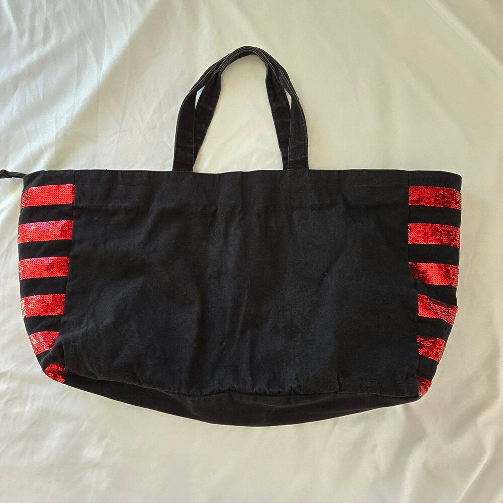 Victorias Secret Tote Bag 2000's Y2K Size XL Black Canvas Red Sequin Lip Design - Picture 5 of 9